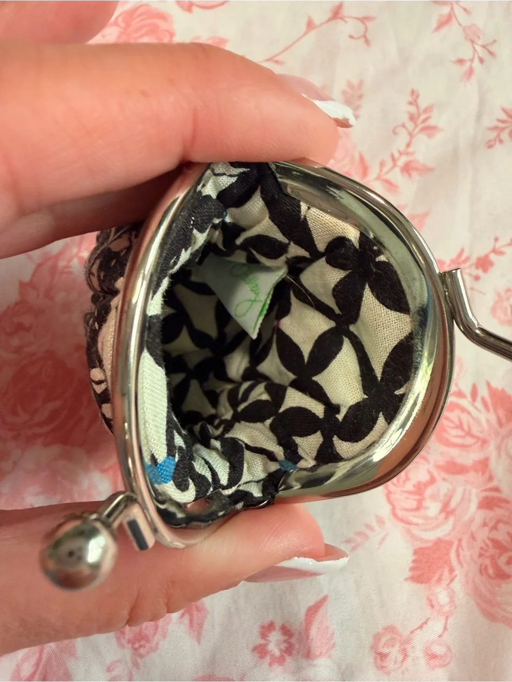Vera Bradley Black and Cream Floral Kiss-Lock Coin Purse with Red Accent